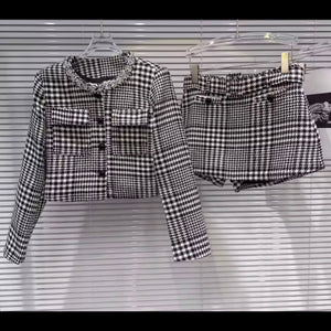 Women Fashion Plaid Button Up Blazer Two Piece Wrap Short Set
