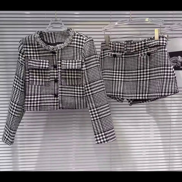Women Fashion Plaid Button Up Blazer Two Piece Wrap Short Set