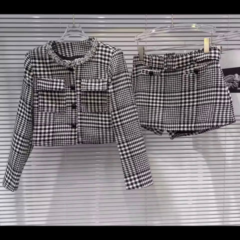 Women Fashion Plaid Button Up Blazer Two Piece Wrap Short Set