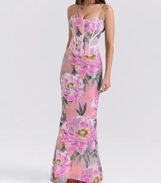 Women Sexy Sleeveless Pink Floral Print Maxi Dress