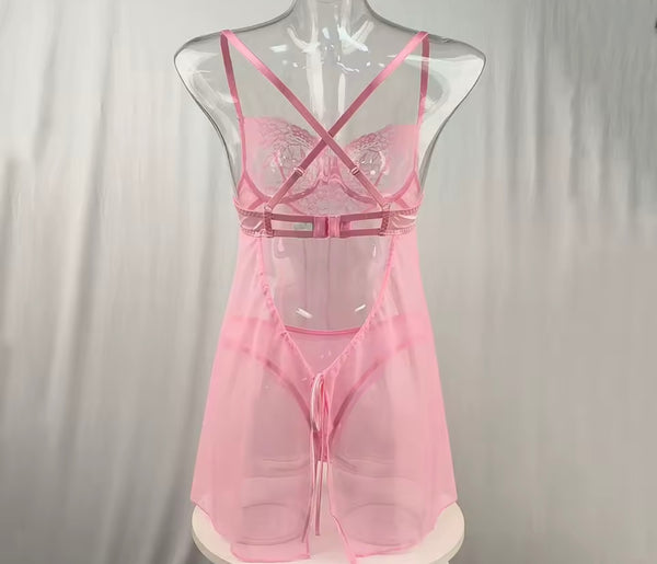 Women Sexy Sleeveless Pink Mesh Lingerie Set