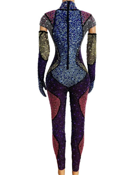 Women Multicolored Crystal Glove Fashion Jumpsuit