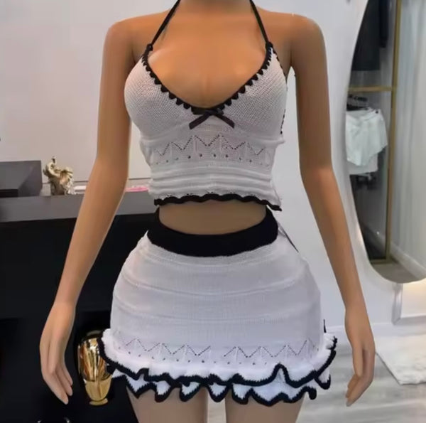 Women Sexy Halter Sleeveless B&W Knitted Two Piece Skirt Set