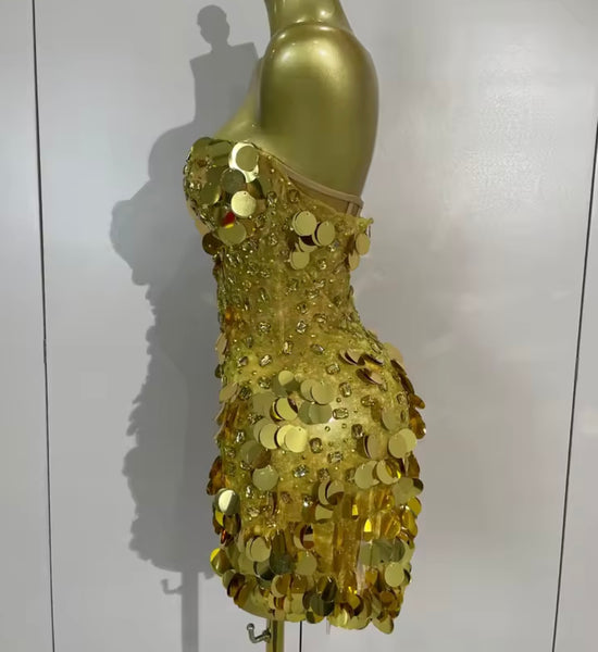Women Sexy Strapless Sequins Rhinestone Mesh Dress