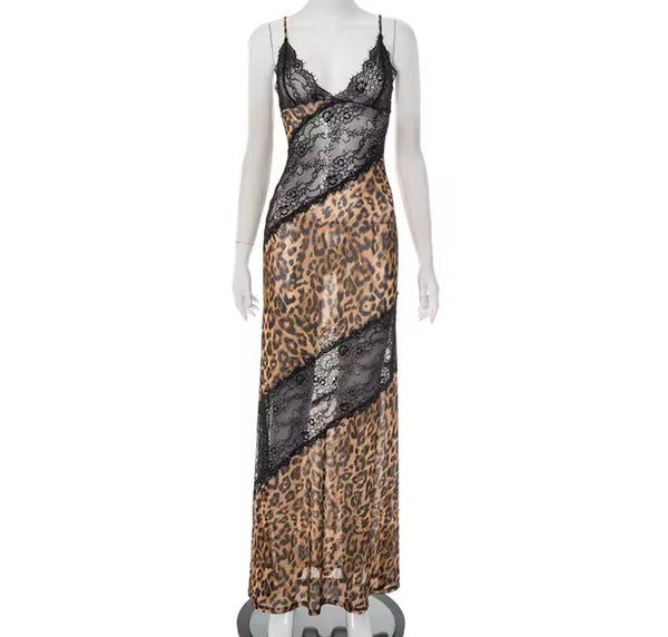 Women Sexy Sleeveless Lace Leopard Mesh Maxi Dress