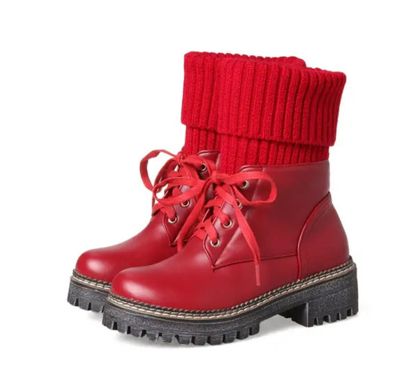 Women Color Fashion Knitted Faux Leather Lace Up Ankle Boots
