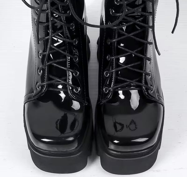 Women Fashion Patent Leather Lace Up Platform Ankle Boots