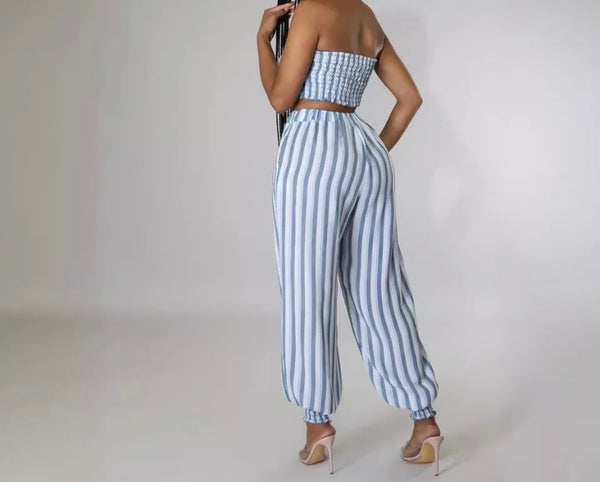 Women Sexy Strapless Striped Crop Two Piece Pant Set