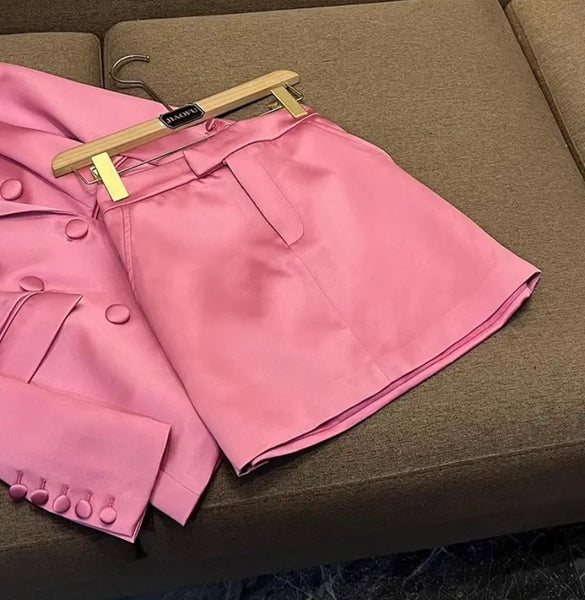 Women Sexy Satin Pink Three Piece Blazer Skirt Set