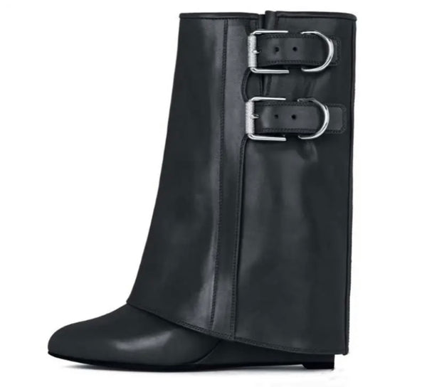 Women Fashion Faux Leather Buckled Wedge Ankle Boots