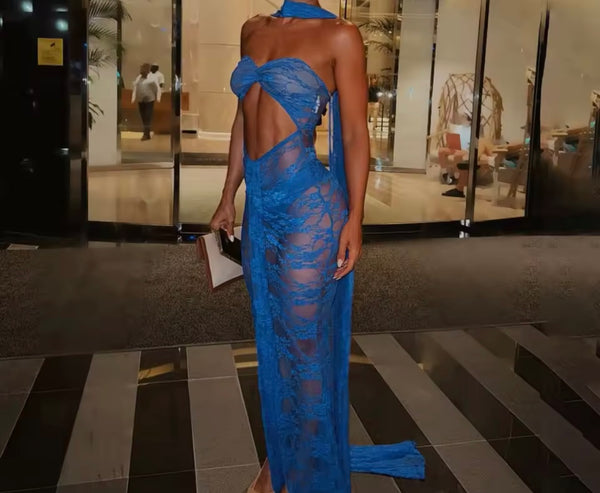 Women Sexy Blue Lace Swimsuit Cover Up Set