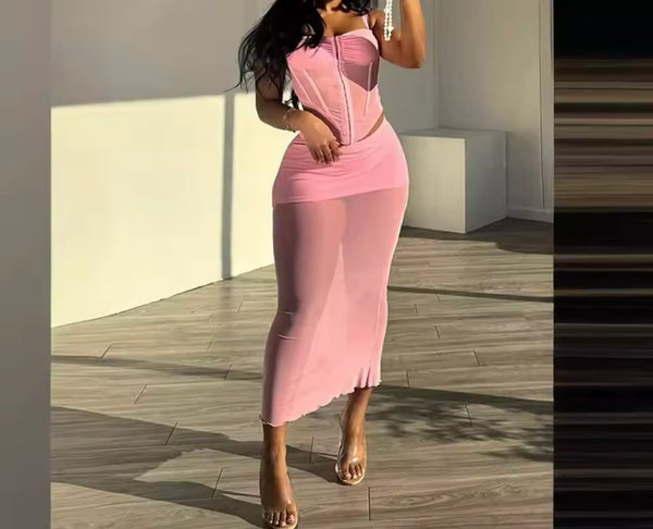 Women Pink Sexy Sleeveless Mesh Two Piece Maxi Skirt Set