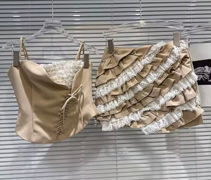 Women Strapless Ruffled Khaki Sexy Two Piece Skirt Set