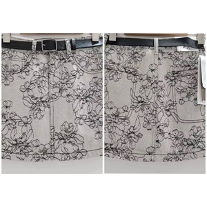Women Fashion Gray Embroidered Floral Denim Skirt