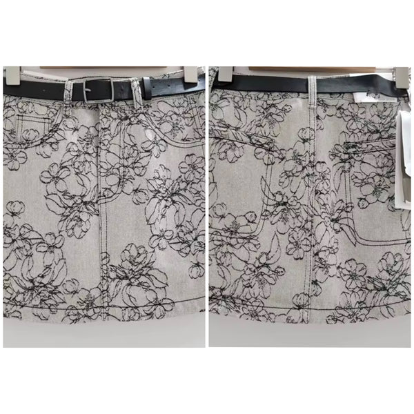 Women Fashion Gray Embroidered Floral Denim Skirt