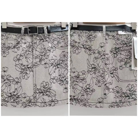 Women Fashion Gray Embroidered Floral Denim Skirt