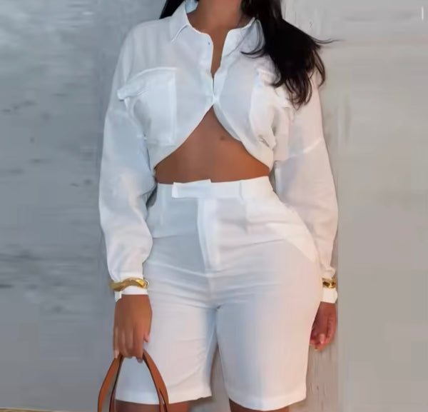Women White Fashion Full Sleeve Crop Two Piece Short Set