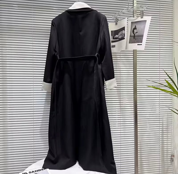 Women B&W Fashion Double Layer Turn Down Collar Trench Jacket