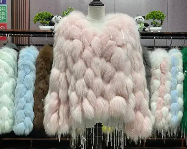 Women Fashion Faux Fur Bling Tassel Jacket