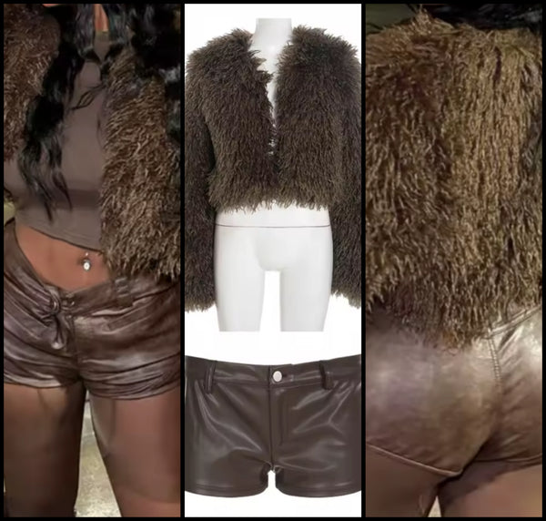 Women Brown Fashion Faux Fur Jacket Two Piece PU Short Set