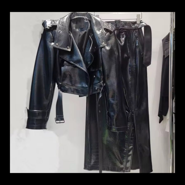 Women Sexy Fashion Black Faux Leather Jacket Two Piece Skirt Set