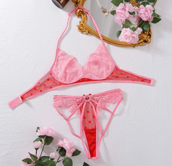 Women Sexy Color Patchwork Lace G-String Lingerie Set