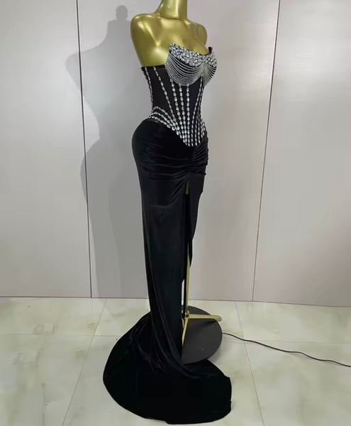 Women Sexy Strapless Glove Rhinestone Velour Maxi Dress