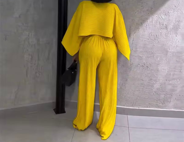 Women Solid Color Full Flare Sleeve Fashion Two Piece Pant Set