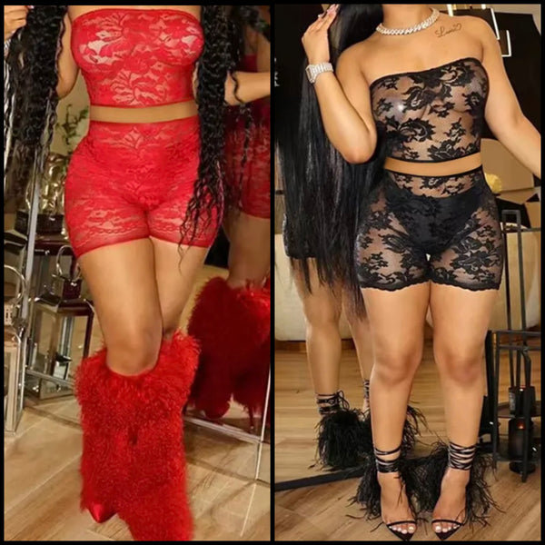 Women Sexy Strapless Lace Crop Two Piece Short Set