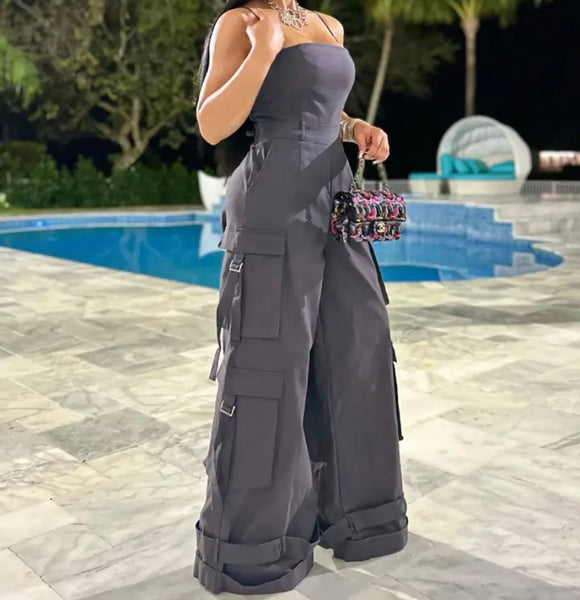 Women Sexy Sleeveless Buckled Cargo Wide Leg Jumpsuit