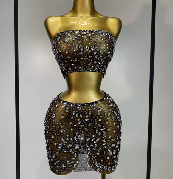 Women Sexy Strapless Mesh Rhinestone Two Piece Skirt Set