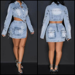 Women Sexy Fashion Button Up Full Sleeve Denim Two Piece Cargo Skirt Set