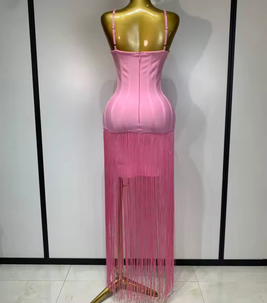 Women Rhinestone Sleeveless Fringe Tassel Sexy Maxi Dress