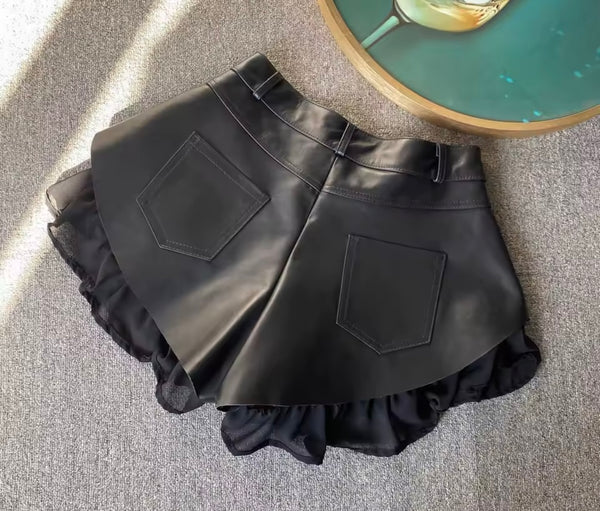 Women Black Ruffled Faux Leather Fashion Shorts