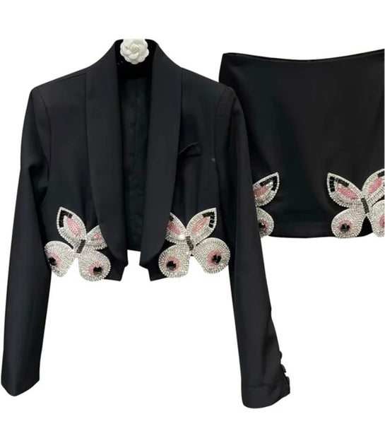 Women Black Beaded Butterfly Blazer Two Piece Skirt Set