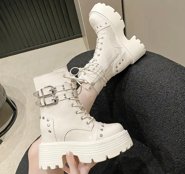 Women Fashion Platform Patent Leather Buckled Ankle Boots