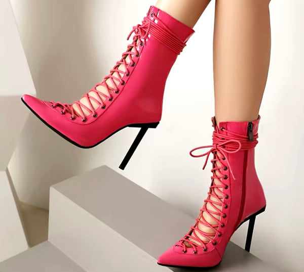 Women Fashion Pointed Toe Patent Leather Lace Up Ankle Boots