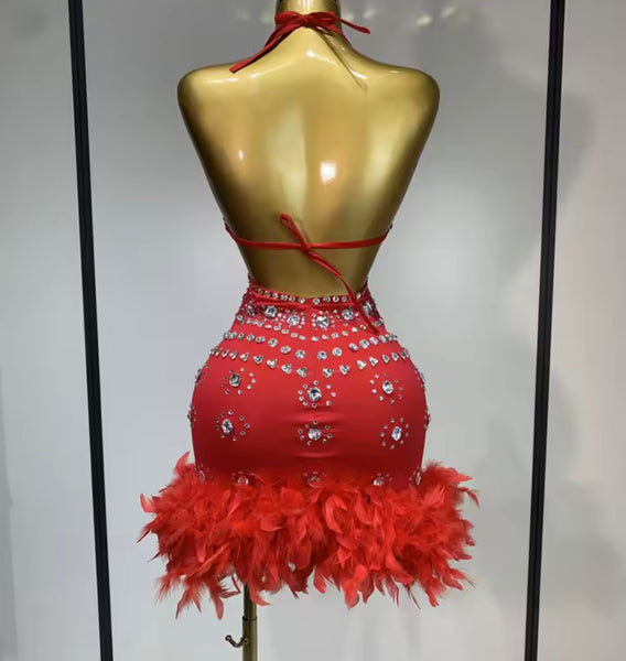Women Sexy Halter Sleeveless Cut Out Rhinestone Feather Dress