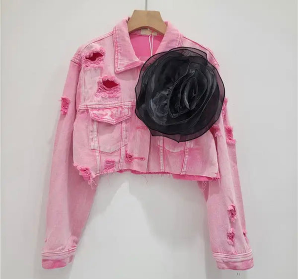 Women Fashion Ripped Floral Denim Jacket