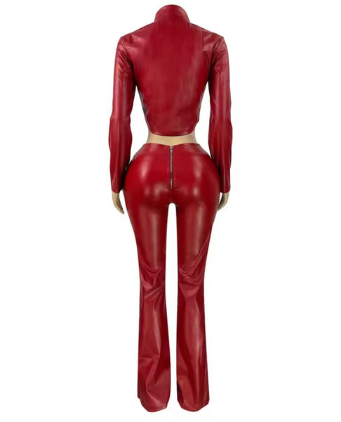 Women Fashion Faux Leather Zip Up Two Piece Pant Set