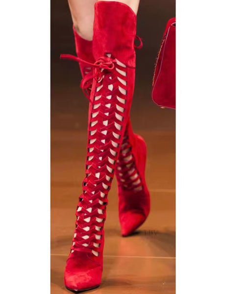 Women Color Fashion Pointed Toe Tie Up Suede Knee High Boots