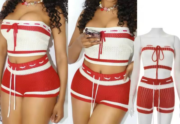 Women Sexy Tie Up Strapless Color Patchwork Knitted Two Piece Short Set