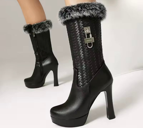 Women Fashion Faux Leather Fur Buckled Lock High Heel Boots