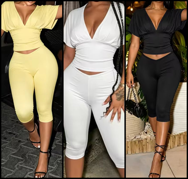 Women V-Neck Short Sleeve Crop Two Piece Capri Pant Set