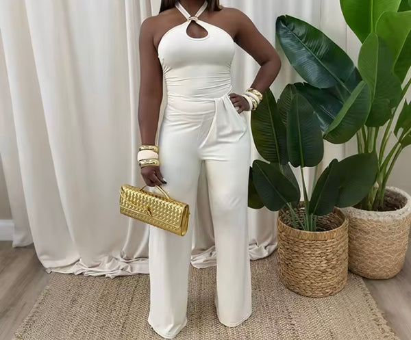Women Sexy Halter Sleeveless Ruched Jumpsuit