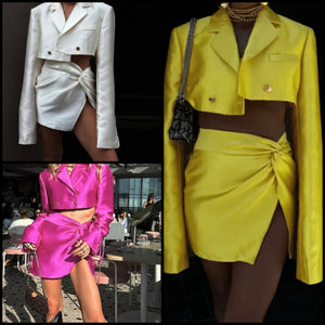 Women Sexy Full Sleeve Button Up Satin Two Piece Skirt Set