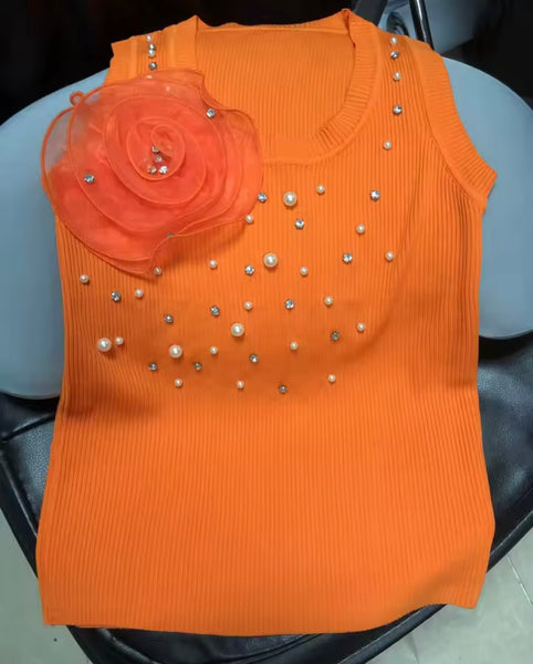 Women Sleeveless Floral Pearl Rhinestone Ribbed Tank Top