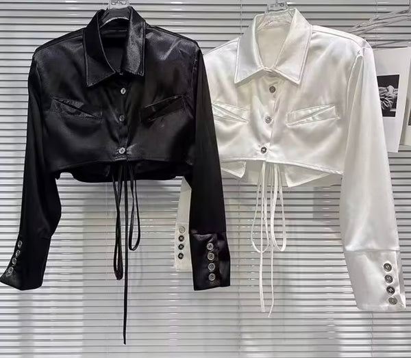Women Fashion Collar Button Up Satin Full Sleeve Crop Top