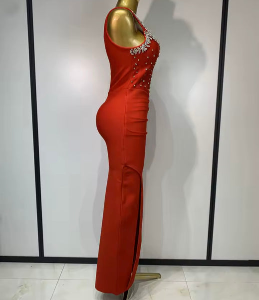 Women Red Rhinestone Sexy Sleeveless Maxi Dress