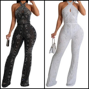 Women Sexy Halter Sleeveless Bling Mesh Jumpsuit